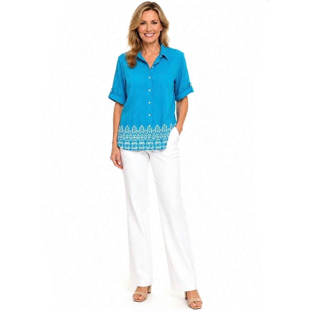 East 5th Button Up Short Sleeve Lightweight Top Turquoise And White Size 1X